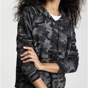 Anthropologie SUNDRY Black‎ Camo Women's Pullover Hoodie Sweatshirt Raw Edge 2
